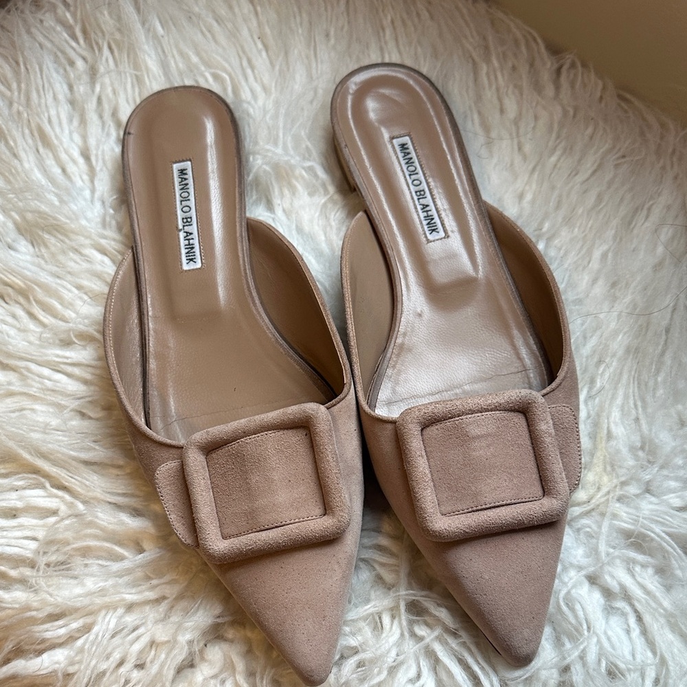 Manolo Blahnik Beige Suede Mules with Buckle